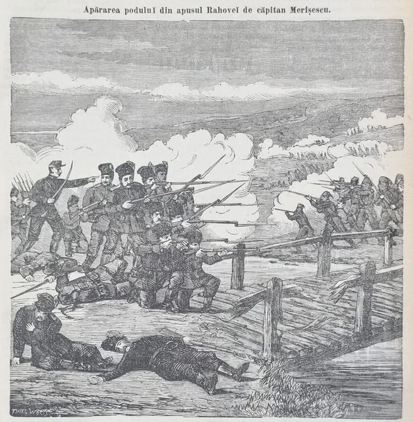 Grafică cu scenă de luptă de la apărarea podului din partea de vest a cetății Rahova (© ANR, Bibliotecă, Resboiul, nr. 132, 1 decembrie 1877)