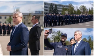 Cătălin Predoiu, alături de studenții Academiei de Poliție înainte de Paște. FOTO: colaj MAI