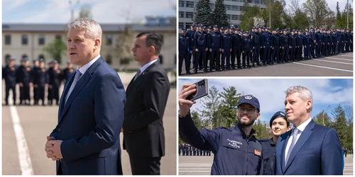 Cătălin Predoiu, alături de studenții Academiei de Poliție înainte de Paște. FOTO: colaj MAI