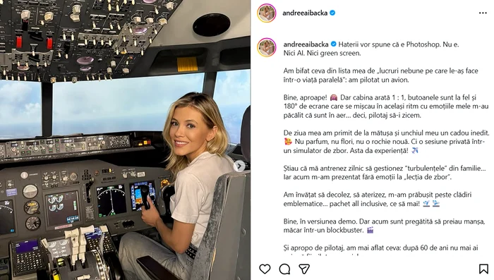 Andreea Ibacka, într-un simulator de zbor - Foto: Instagram 