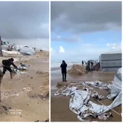 Sute de mii de palestinieni strămutați din Fâșia Gaza s-au trezit duminică cu corturile inundate FOTO: X/@EngHafez189