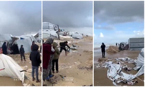 Sute de mii de palestinieni strămutați din Fâșia Gaza s-au trezit duminică cu corturile inundate FOTO: X/@EngHafez189