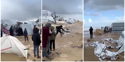 Sute de mii de palestinieni strămutați din Fâșia Gaza s-au trezit duminică cu corturile inundate FOTO: X/@EngHafez189