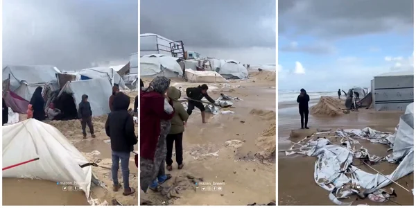 Sute de mii de palestinieni strămutați din Fâșia Gaza s-au trezit duminică cu corturile inundate FOTO: X/@EngHafez189