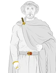 Sugestie de reconstituire a costumului în care puteau fi integrate accesoriile și podoabele din primul mormânt princiar de la Apahida; desen Andi Cârligianu (© Aurul și Argintul Antic al României. Catalog de expoziție, MNIR, Buc., 2014, p. 158)