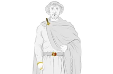 Sugestie de reconstituire a costumului în care puteau fi integrate accesoriile și podoabele din primul mormânt princiar de la Apahida; desen Andi Cârligianu (© Aurul și Argintul Antic al României. Catalog de expoziție, MNIR, Buc., 2014, p. 158)