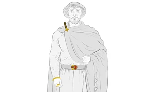 Sugestie de reconstituire a costumului în care puteau fi integrate accesoriile și podoabele din primul mormânt princiar de la Apahida; desen Andi Cârligianu (© Aurul și Argintul Antic al României. Catalog de expoziție, MNIR, Buc., 2014, p. 158)