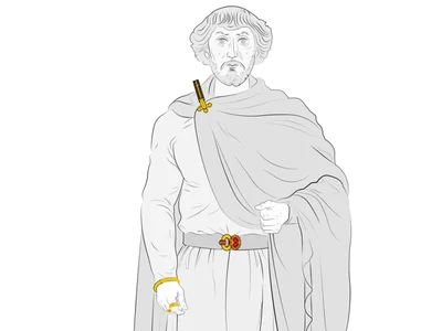 Sugestie de reconstituire a costumului în care puteau fi integrate accesoriile și podoabele din primul mormânt princiar de la Apahida; desen Andi Cârligianu (© Aurul și Argintul Antic al României. Catalog de expoziție, MNIR, Buc., 2014, p. 158)