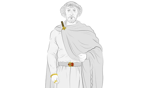 Sugestie de reconstituire a costumului în care puteau fi integrate accesoriile și podoabele din primul mormânt princiar de la Apahida; desen Andi Cârligianu (© Aurul și Argintul Antic al României. Catalog de expoziție, MNIR, Buc., 2014, p. 158)