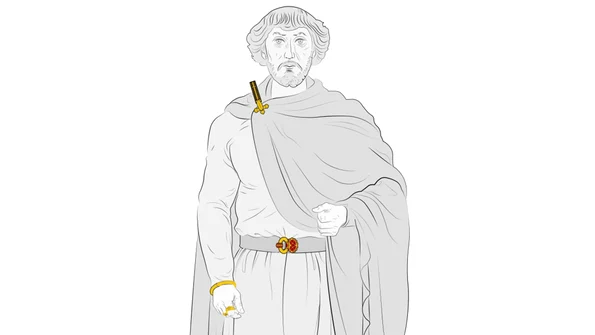 Sugestie de reconstituire a costumului în care puteau fi integrate accesoriile și podoabele din primul mormânt princiar de la Apahida; desen Andi Cârligianu (© Aurul și Argintul Antic al României. Catalog de expoziție, MNIR, Buc., 2014, p. 158)