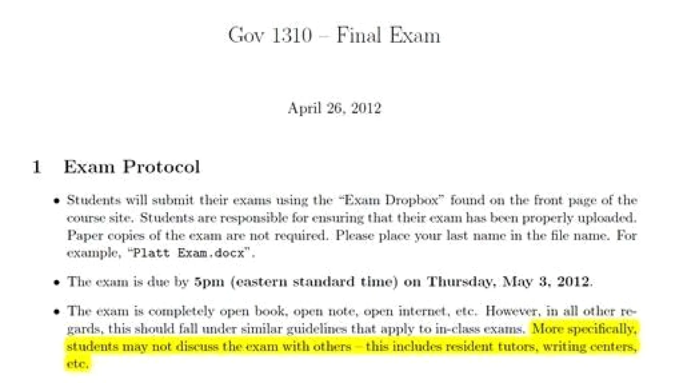 Ce prevedea metodologia de la examenul final despre Guvernare, de la Harvard, din aprilie 2012           Foto: Harvard Crimson