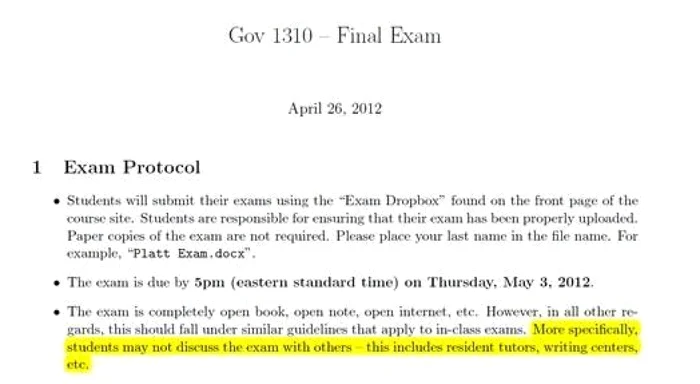 Ce prevedea metodologia de la examenul final despre Guvernare, de la Harvard, din aprilie 2012 Foto: Harvard Crimson