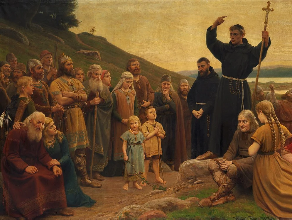 Convertirea vikingilor la creștinism. Pictură din 1895, de Wenzel Tornøe (© Wikimedia Commons)