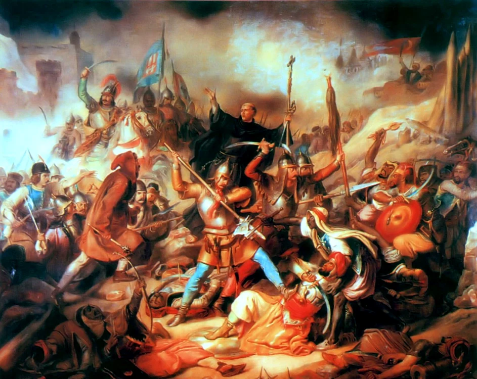 Bătălia de la Belgrad, pictură maghiară din secolul XIX. În mijloc se află Giovanni da Capistrano ridicând crucea. Foto: wikipedia