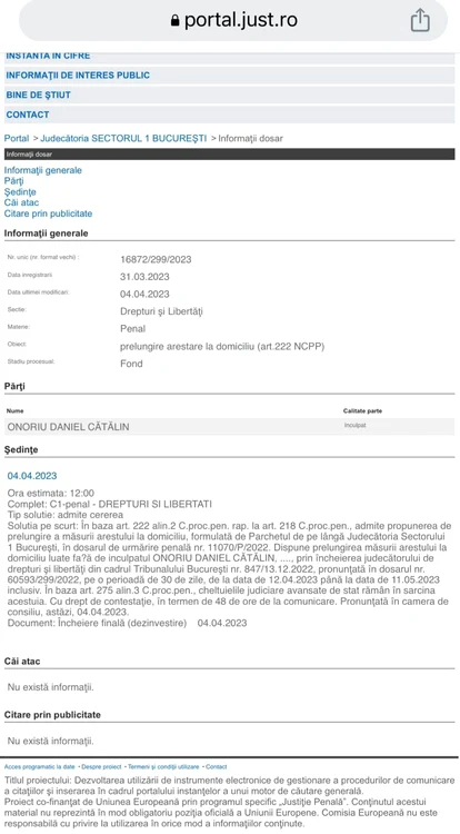 Lui Daniel Onoriu i s-a prelungit arestul la domiciliu cu încă o lună. Sursă: portal.just.ro