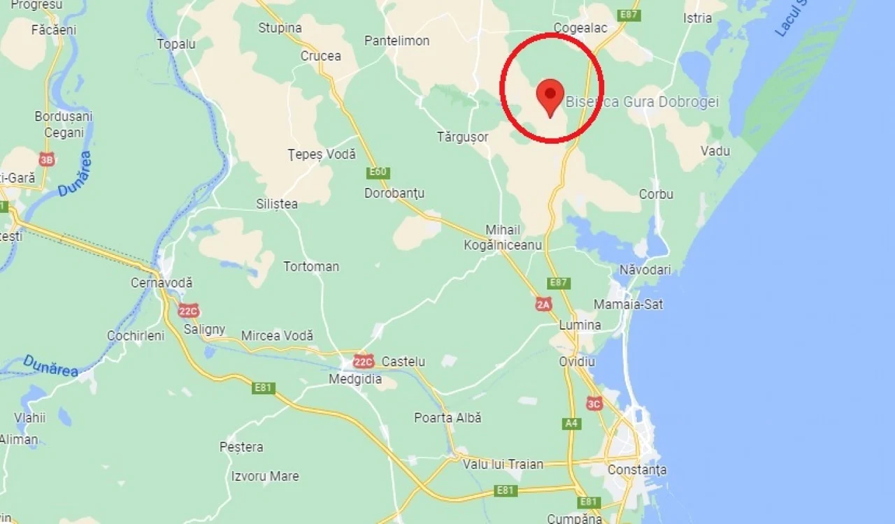 Harta zonei Cogealac - Gura Dobrogei din judeţul Constanţa unde s-au prăbuşit MiG-ul 21 LanceR şi elicopterul IAR 330-Puma Sursa Google Maps