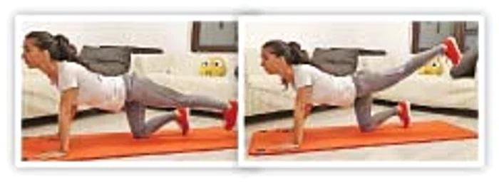 Pentru fesieri. Stai sprijinită pe braţe şi pe un genunchi, iar pe celălalt îl menţii drept şi îl ridici. După câteva repetări, schimbi piciorul.