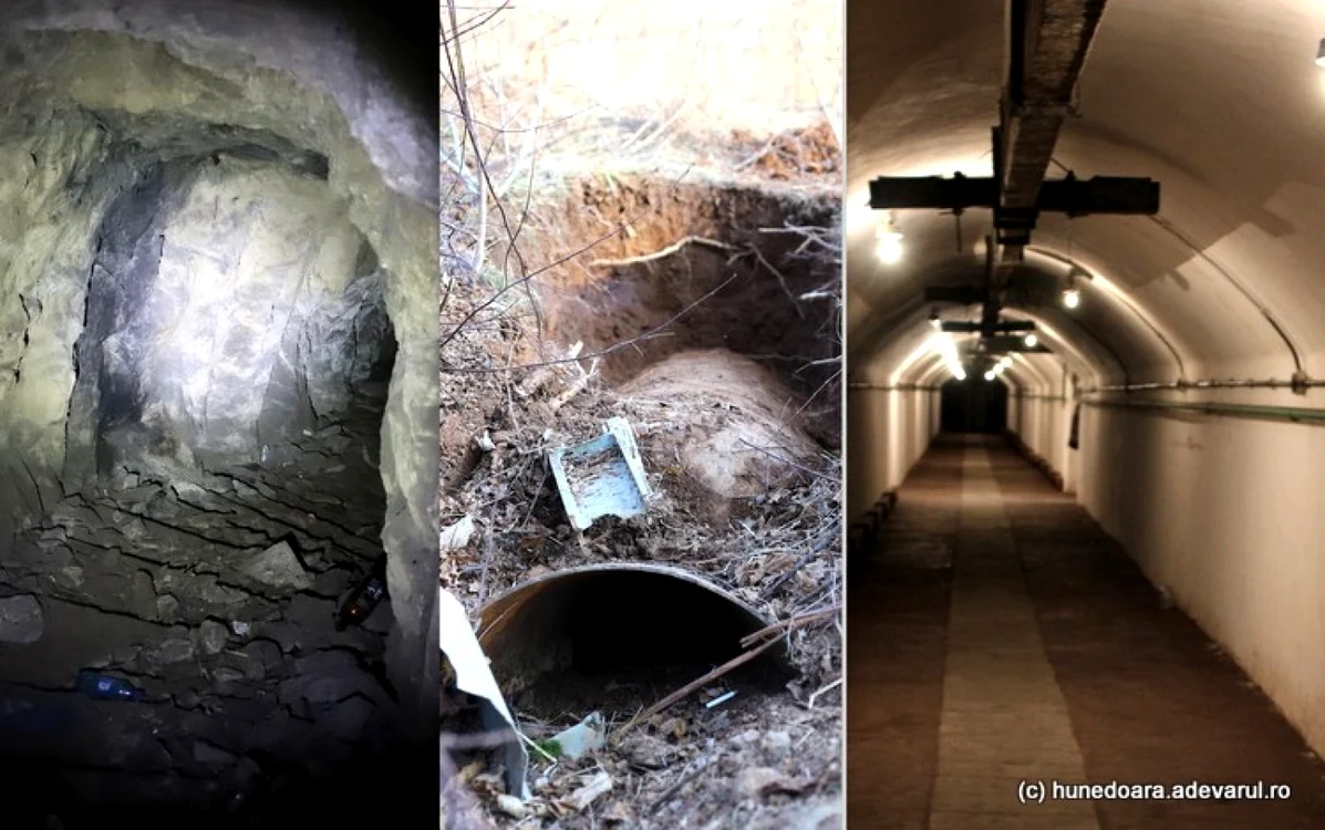 Colaj de imagini: buncărul de sub cetatea Devei, locul unde a căzut o parte din racheta şansată din Vadu Dobrii, adăpostul antiatomic din Hunedoara. FOTO: Daniel Guţă. ADEVĂRUL
