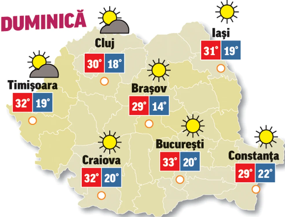 Nici în ultima zi de weekend nu scăpăm de caniculă, cerul va fi senin în toată țara