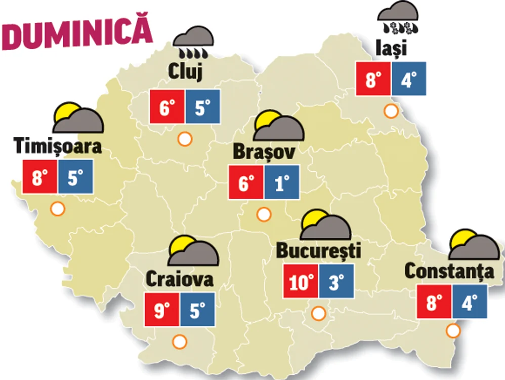 Astăzi, temperaturile vor scădea în toată țara, precipitațiile se vor înmulți, iar în partea de nord e posibil să cadă și lapoviță