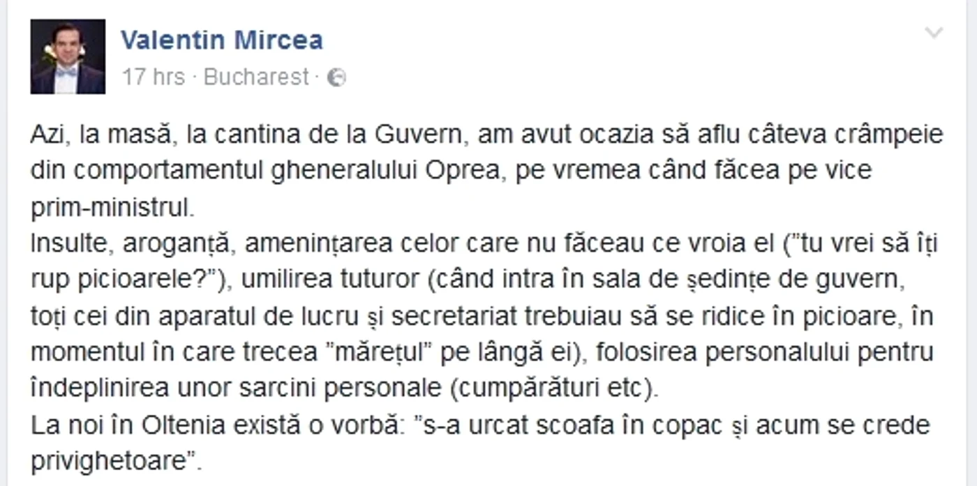 Acesta este mesajul postat de Valentin Mircea