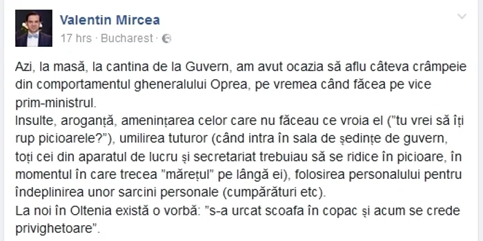 Acesta este mesajul postat de Valentin Mircea