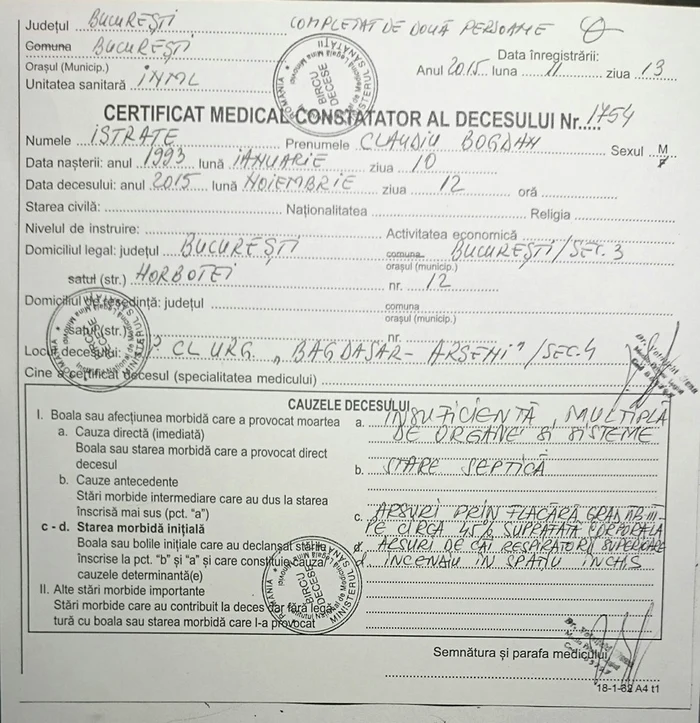 Acesta este certificatul de constatare a decesului lui Bogdan