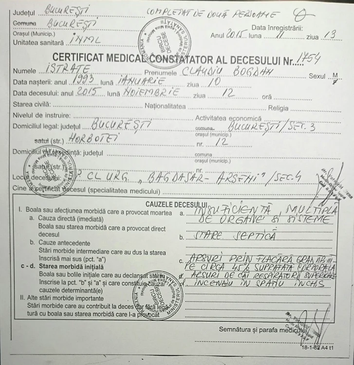 Acesta este certificatul de constatare a decesului lui Bogdan