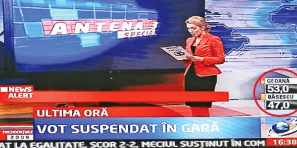 Antena 3 a scăpat „din greşeală“, la ora 16.38, câteva estimări care îl favorizau pe Mircea Geoană 