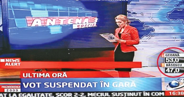 Antena 3 a scăpat „din greşeală“, la ora 16.38, câteva estimări care îl favorizau pe Mircea Geoană