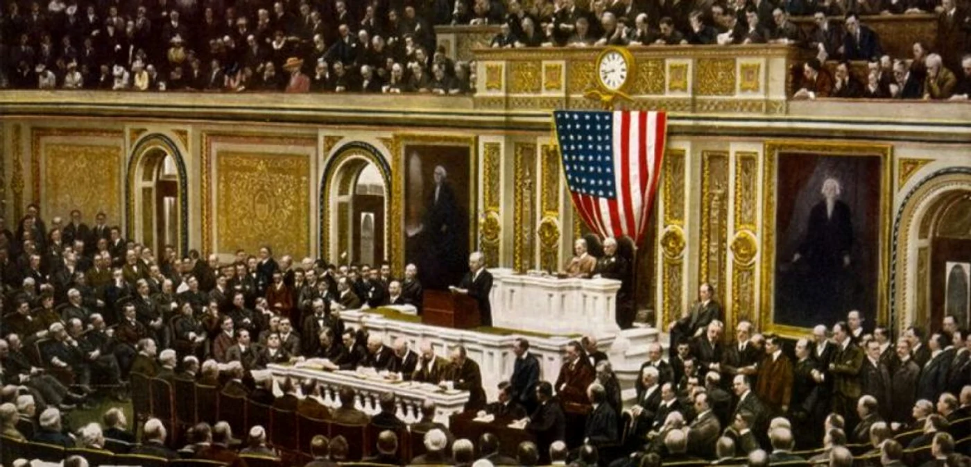 FOTO Preşedintele Woodrow Wilson, pe 8
ianuarie 1918, în timpul celebrului său discurs-manifest pentru încheierea
Primului Război Mondial