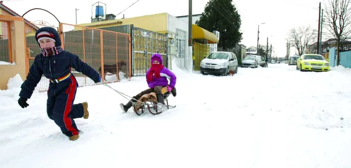 Andrada şi Mara se plimbă cu sania făcută de tatăl lor