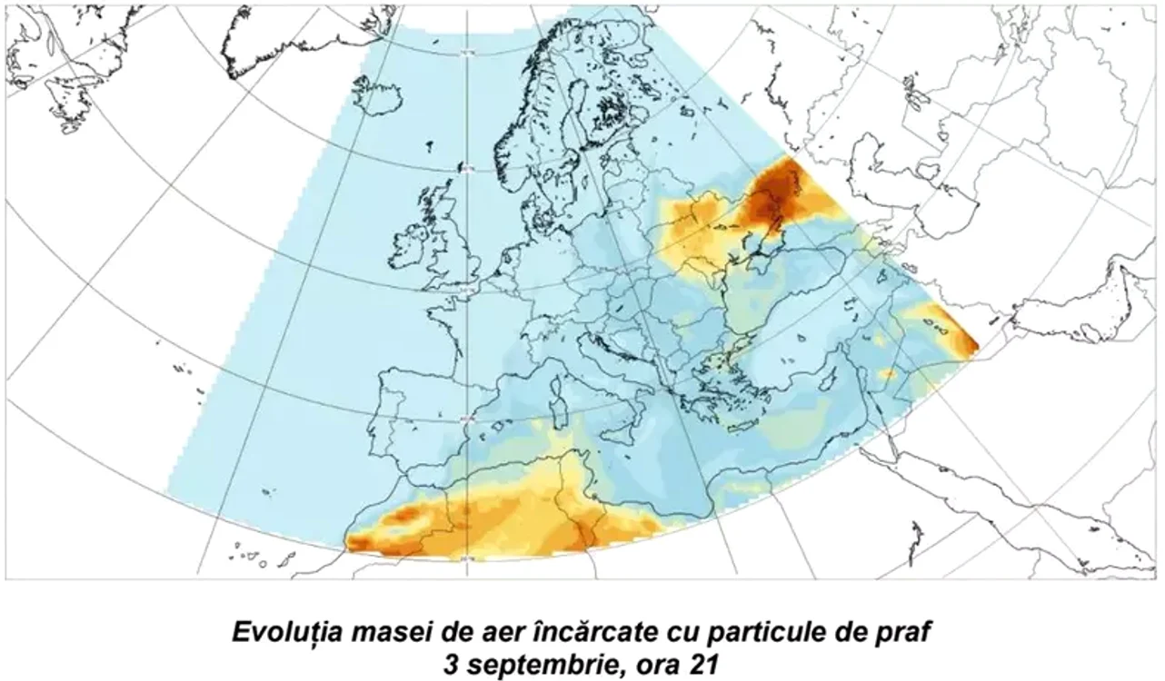 Harta evoluție val praf saharian FOTO: ANM