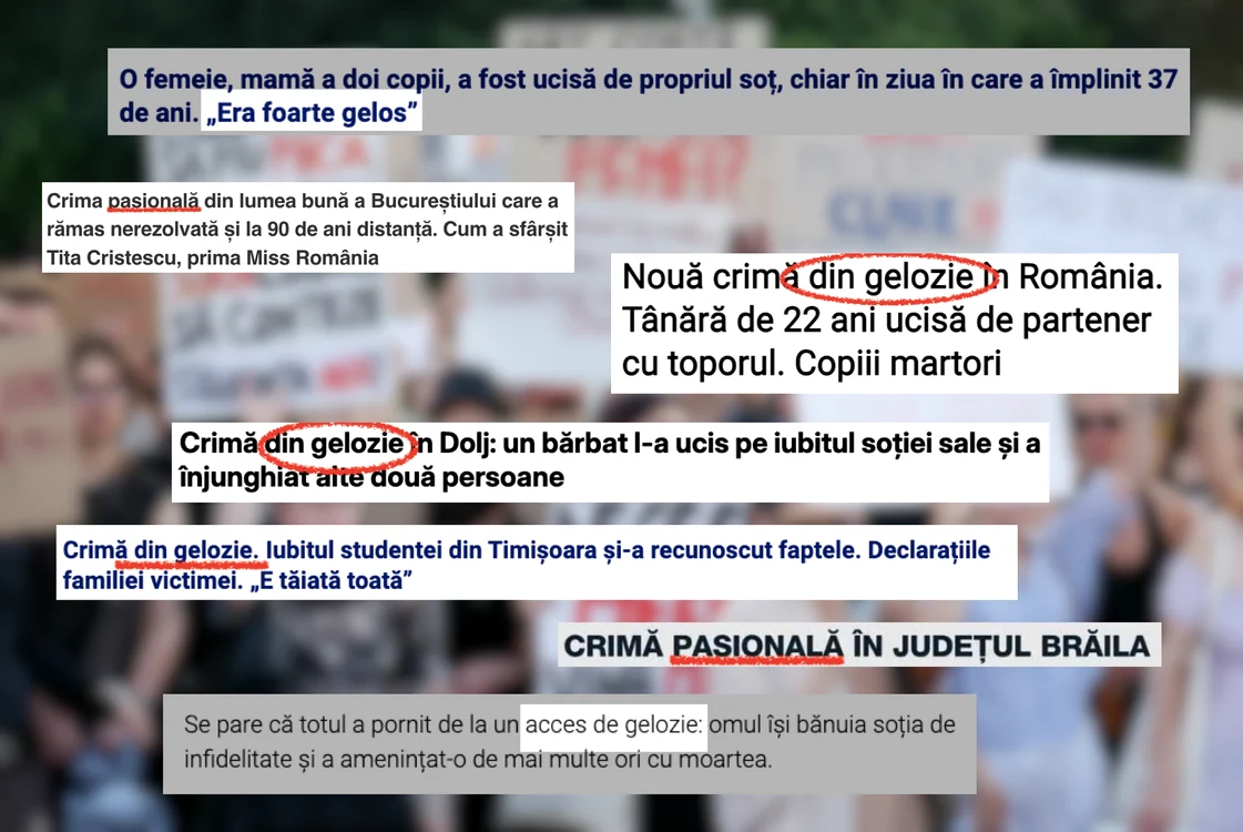 Titluri în care femicidele sunt motivate de „gelozie”, iar crimele sunt „pasionale”. 