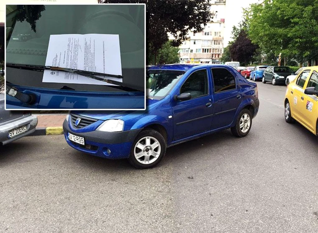 Radarul neinscripţionat al poliţiei sucevene a fost parcat neregulamentar. FOTO Dinu Zară