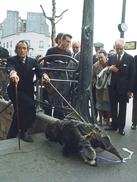 Salvador Dali ieşind din metroul parizian împreună cu animalul său de companie, un furnicar
