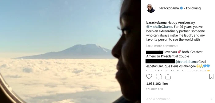 Imaginea pe care a postat-o Barack pe Instagram cu Michelle a adunat aproape 2 milioane de aprecieri