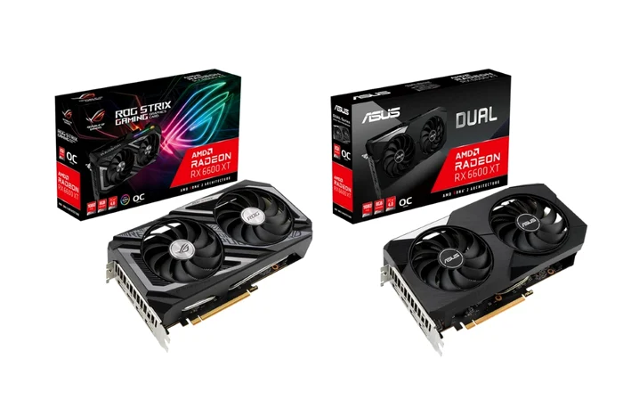 Plăcile grafice ROG Strix şi ASUS Dual AMD Radeon RX 6600 XT.