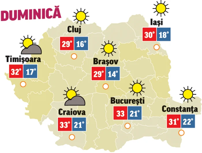 Astăzi vremea va fi însorită și caldă în majoritatea regiunilor, chiar dacă pe cer vor apărea și câțiva nori