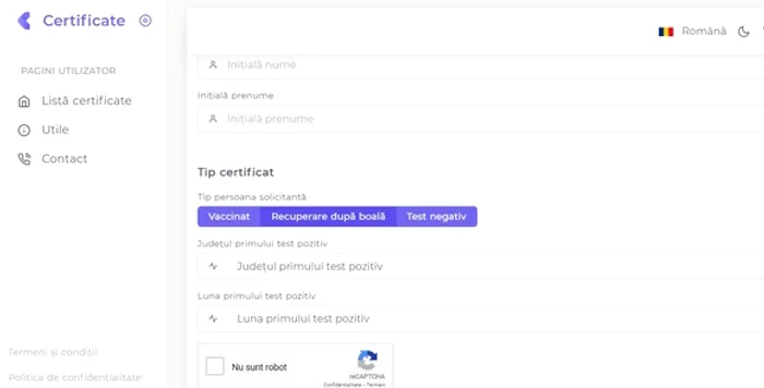 Aici selectez tipul de certificat (de vaccinare, de testare sau de recuperare)