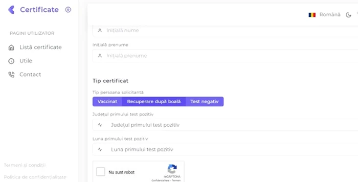 
    Aici selectez tipul de certificat (de vaccinare, de testare sau de recuperare)  