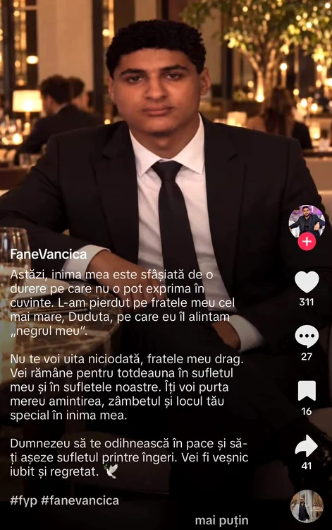 Postarea în care Fane Văncică anunță moartea fratelui său.