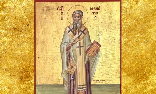 calendar ortodox 2021 12 februarie sfantul meletie arhiepiscopul antiohiei celei mari icoana sec  xx grecia colectia sinaxar la sfintii zilei  jpeg