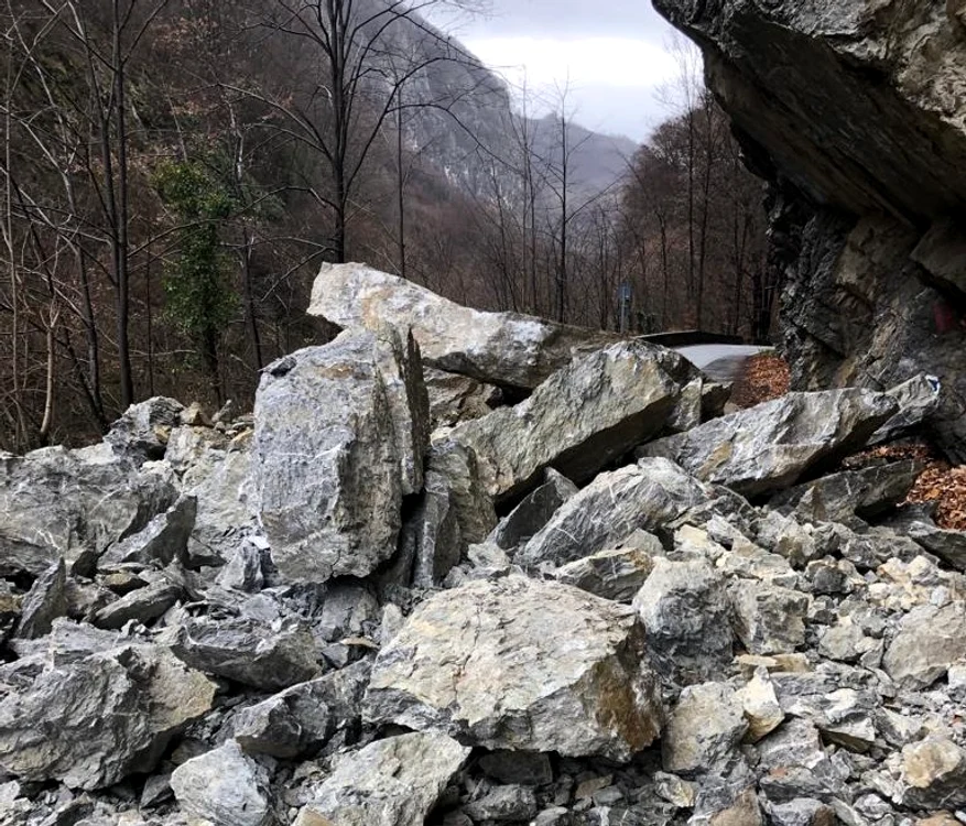 O mare cantitate de stânci au ajuns pe partea carosabilă Foto: DRDP Craiova