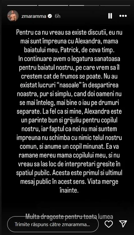 Mihai Zmărăndescu a anunțat despărțirea de Alexandra - Foto: captură Instagram 