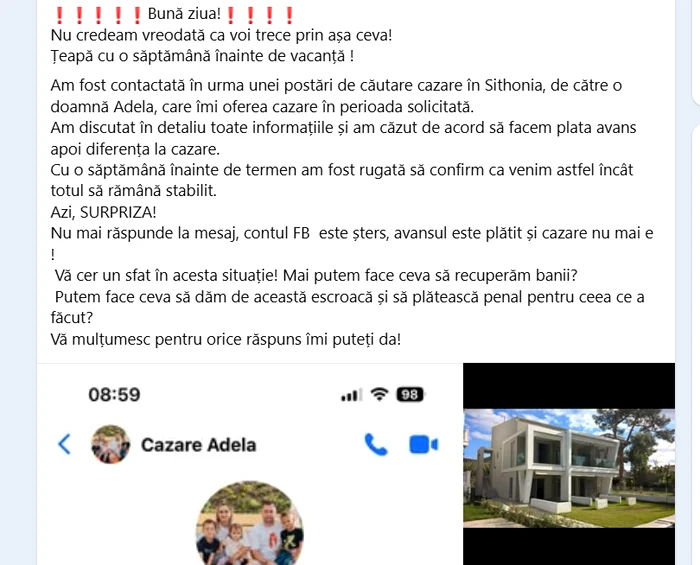 Postarea turistei care a luat țeapă foto: captura