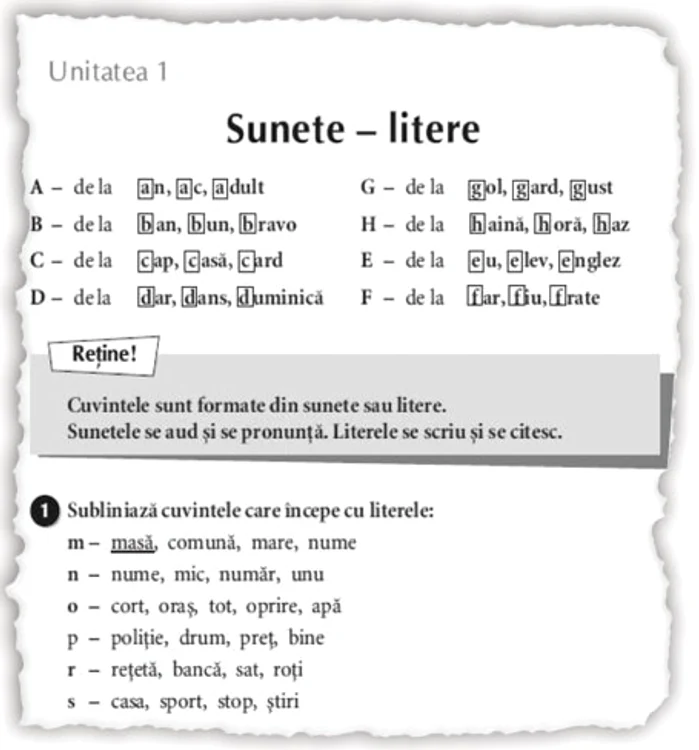 Ce se mai învaţă în clasa I: „cuvintele care începe cu literele“