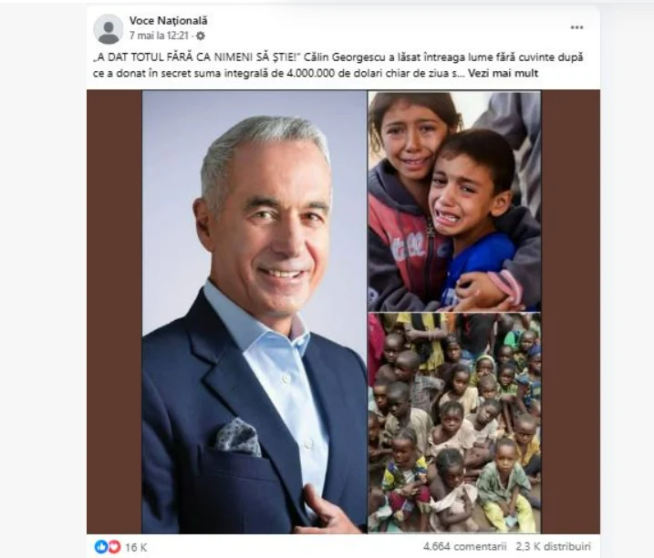 Escrocherie cu o „donație secretă” pentru copiii săraci: Fake news viralizat în care apar numele lui Călin Georgescu și George Simion