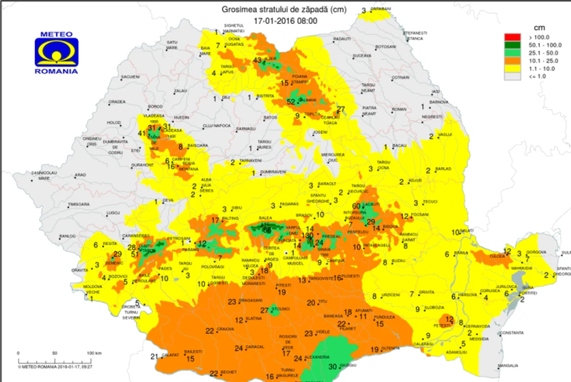 Stratul de zăpadă, pe teritoriul României