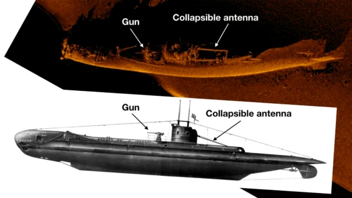 Comparaţie între epava submarinului HMS Urge şi o imaginea a unui submarin din clasa U